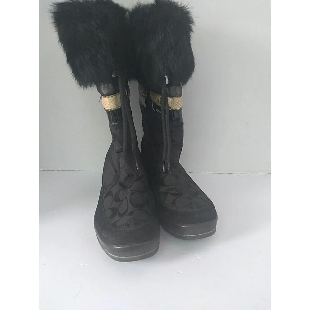 Coach Winter Boots Fur Trim Signature Logo Black Knee High Boots‎ Size 7